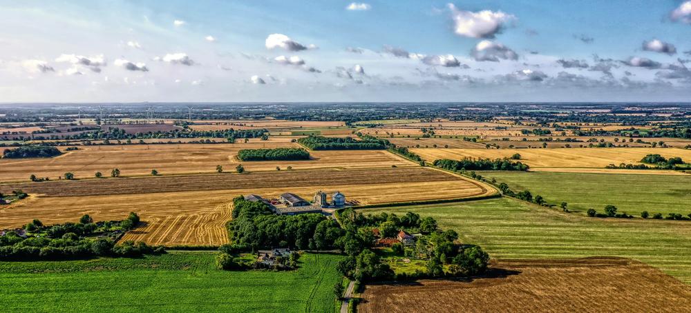 Patchwork farmland near Halesworth, Suffolk, stretching to the horizon under a summer sky